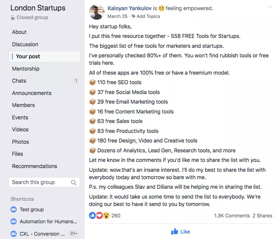 Encharge.io's FaceBook post promoting their free e-book that increased email sighups