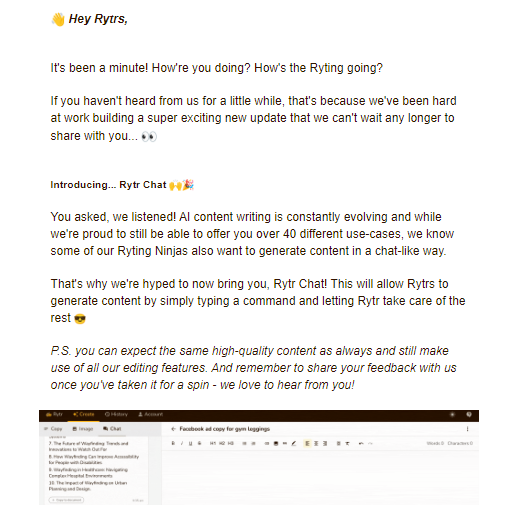 Ryters newsletter starts with a friendly checkin and moves on to introduce their new launch