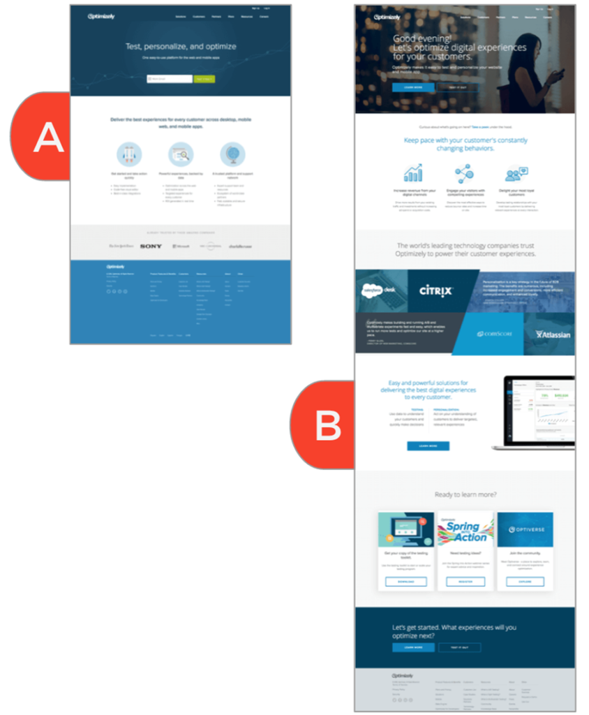 A landing page with various versions tailored to different audiences