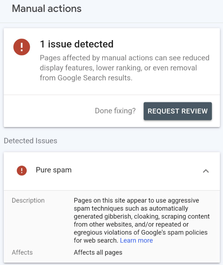 Google Search Console's manual action notification.